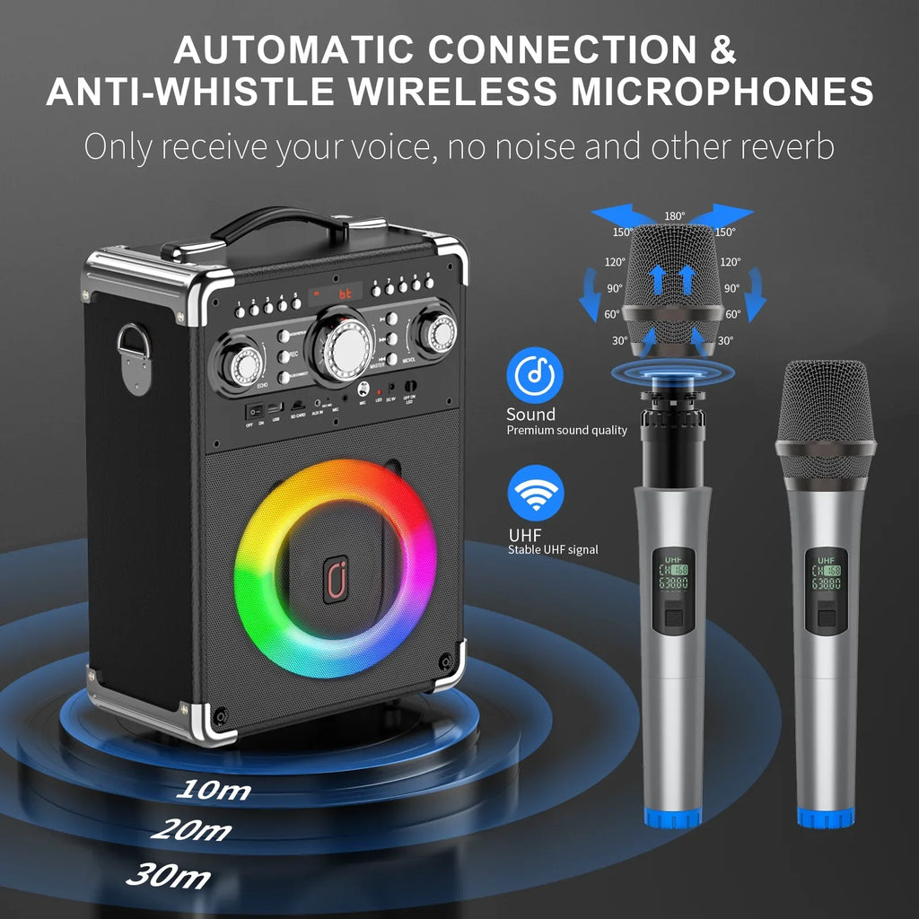 FanFun Party Speaker, Powerful Subwoofer/Tweeter Bluetooth Speaker with DJ Lights & Remote Contro, 3 Wireless Karaoke Microphones, 12 H Playtime