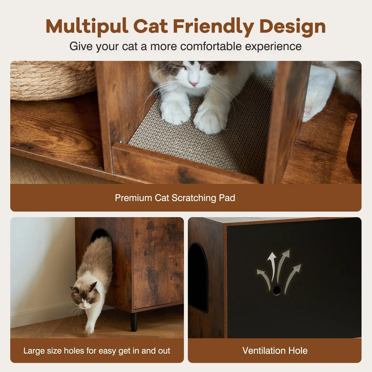 JanflyHome Litter Box Enclosure, MDF-Boards, Cat Litter Box Furniture with Scratching Board, Brown