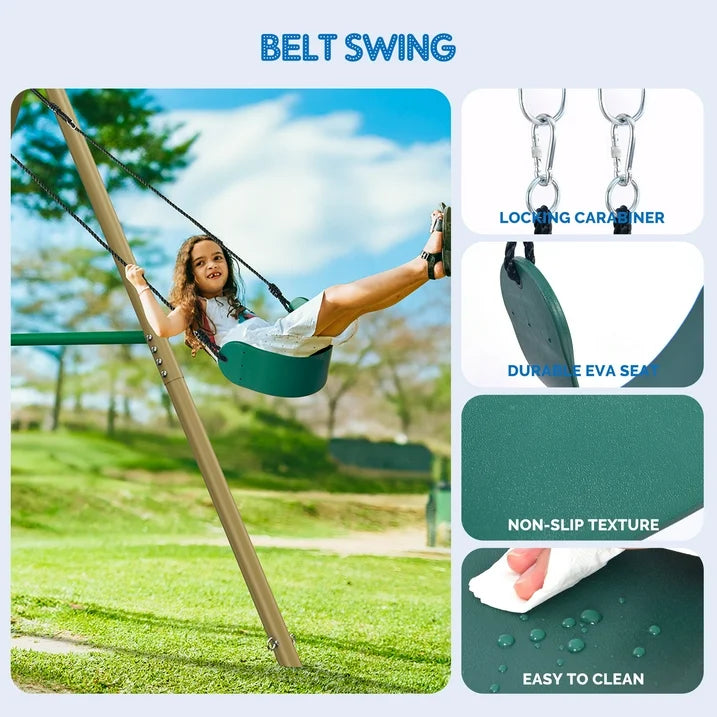 KloKick 7.5ft Heavy Duty Swing Set for Backyard, 500lbs Capacity Outdoor Metal Swing Set for Kids  Adults with Spider Swing and Belt Swing (Green)