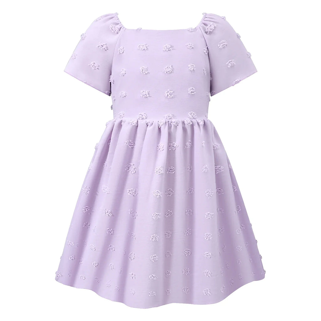 HILEELANG Little Girl Easter Dress Short Sleeve Summer Lavender Casual Tie Back Princess Elegant Party Dress 4-5T