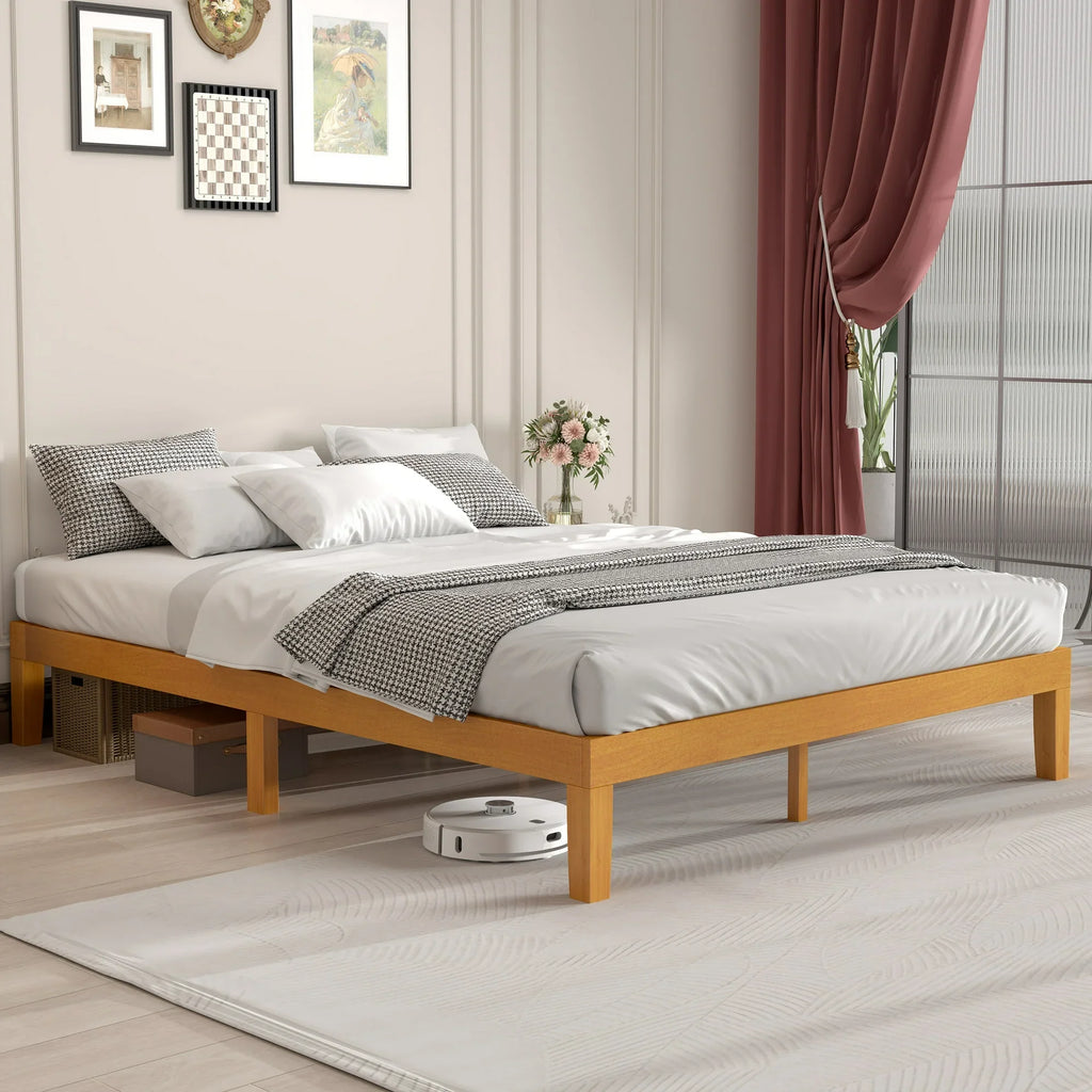 EDX Full Size Wood Bed Frame, No Spring Needed, 12in Wooden Platform Bed Frame Mattress Foundation with Support Slats, Natural Pine