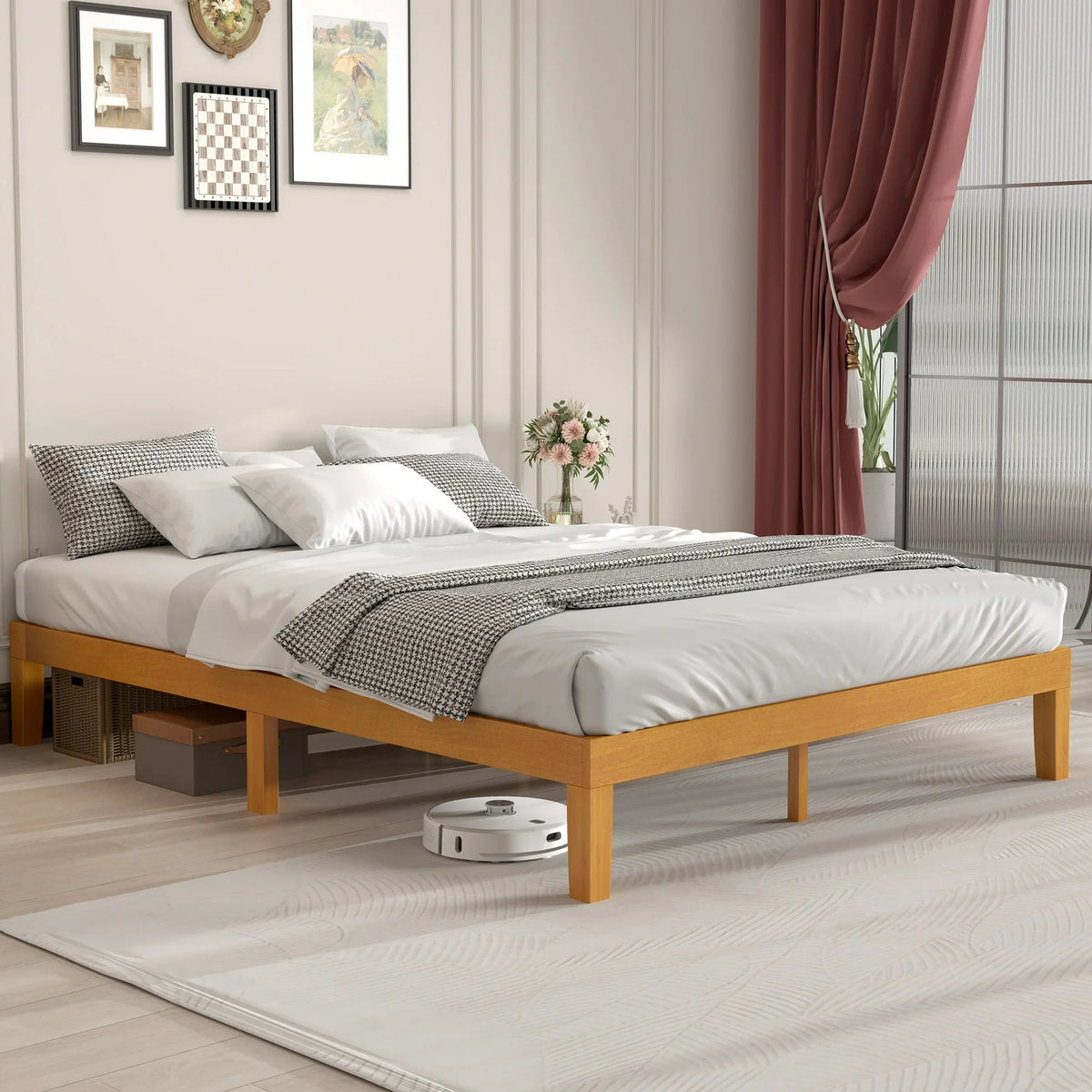 EDX Full Size Wood Bed Frame, No Spring Needed, 12in Wooden Platform Bed Frame Mattress Foundation with Support Slats, Natural Pine