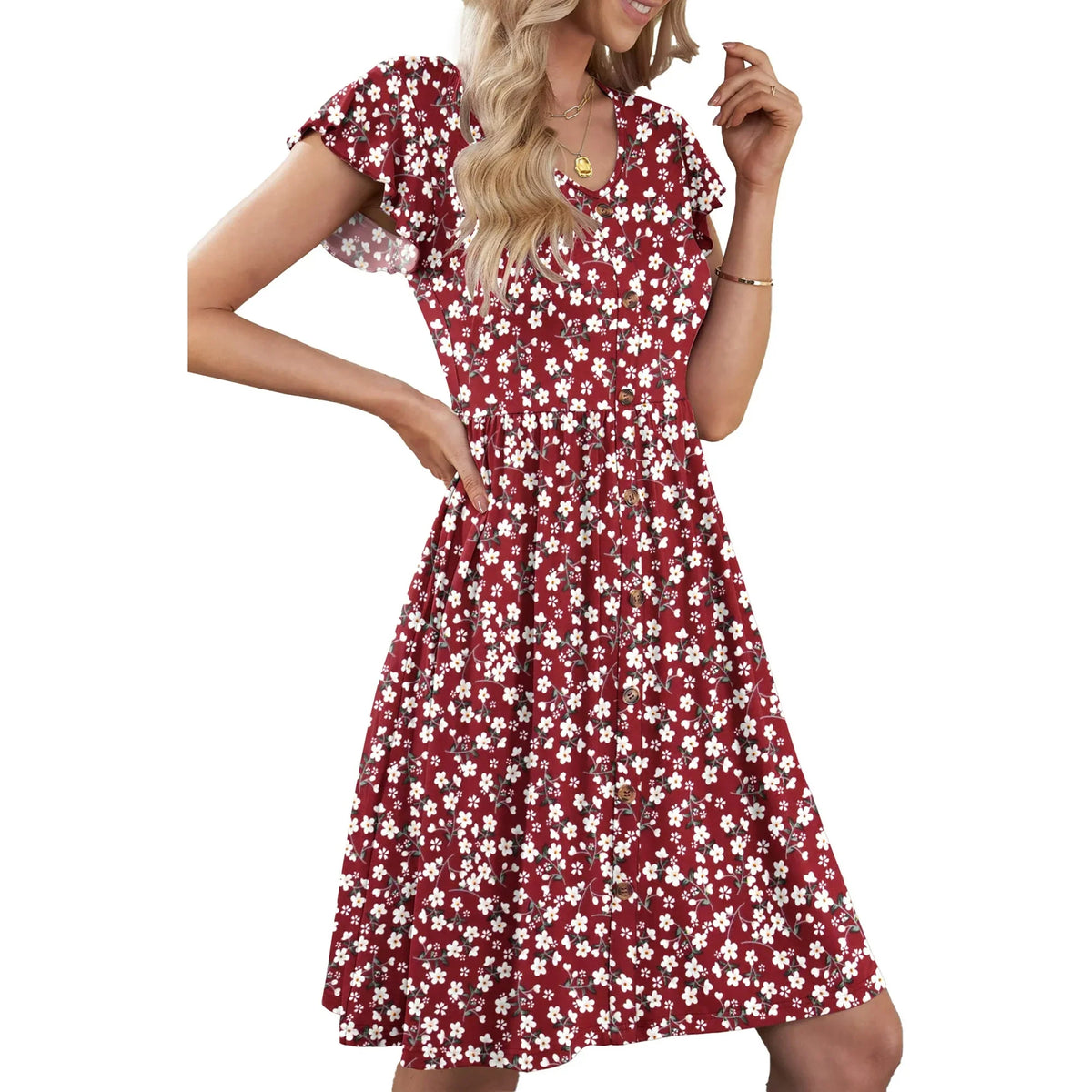 Fantaslook Women Summer Dresses V Neck Ruffle Sleeve Casual Flowy Sundresses Button Floral Midi Dress with Pockets