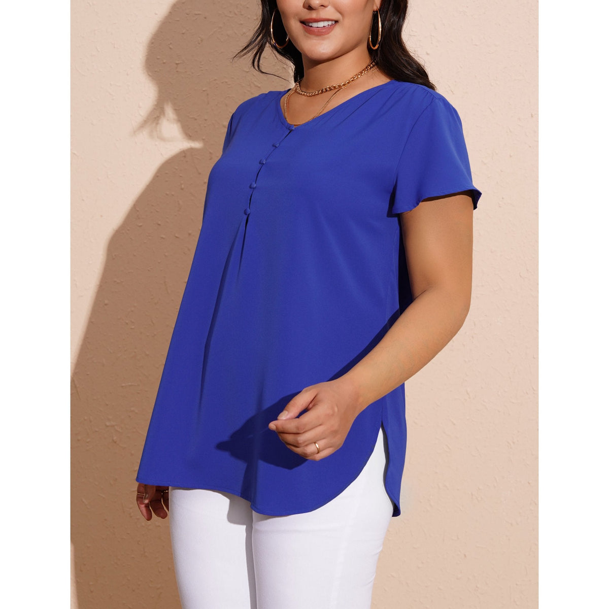 a.Jesdani Women’s Plus Size V-Neck Blouse Casual Flowy Flutter Sleeve Tops with Button for Curvy Women M 4X