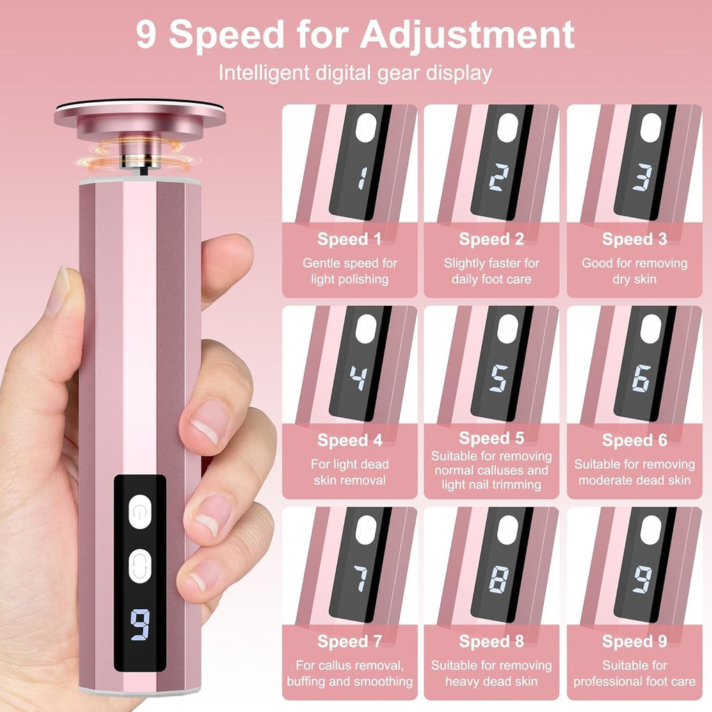 Electric Foot File  Callus Remover for Feet,9 Adjustable Speed Foot Scrubber with 40 Pcs Sandpaper Discs,Professional Pedicure Tool for Dead Skin and Calluses  Pink