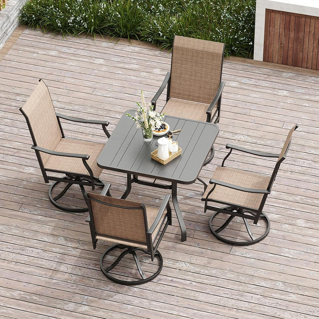 Farini Outdoor Dining Set for 4, 5-Piece Patio Table and Chairs Set, 4 x Swivel Patio Chairs with Textilene Fabric and 35"x35" Outdoor Dining Table with 1.57" Umbrella Hole for Poolside, Backyard