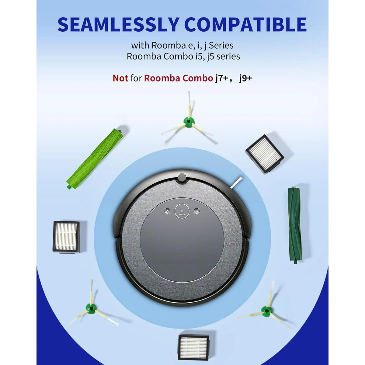 Replacement Parts and Accessories Kit Compatible for iRobot E, I  J Series, Combo i5, j5 Series Robot Vacuum Cleaner, 1 Set Rubber Brushes  3 HEPA Filters  3 Edge Sweeping Brushes