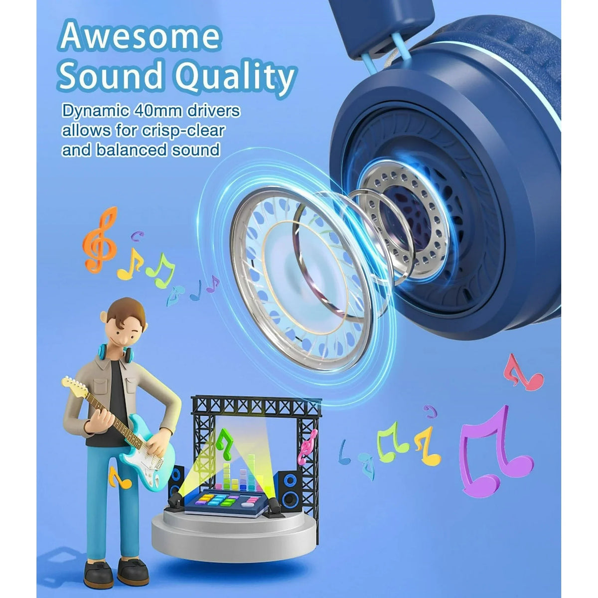 Seenda Wired Kids Headphones with LED Lights, Microphone and Upgraded Type C Connection, 85/94dB Safe Volume, On Ear Headphones for Boys/Girls/School Supplies/Tablet, Blue, New