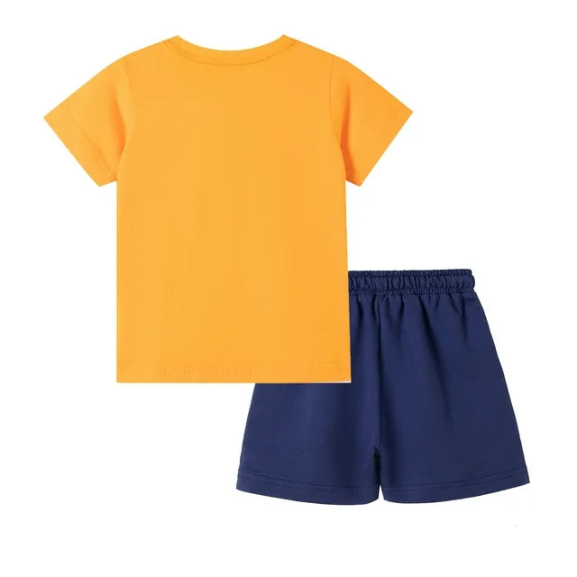 HILEELANG Toddler Boy Summer Short Clothes Sets Outfits Easter Cotton Yellow Leopard Tee Shirts Pocket Adjustable Knite Shorts Playwear Sets 2T