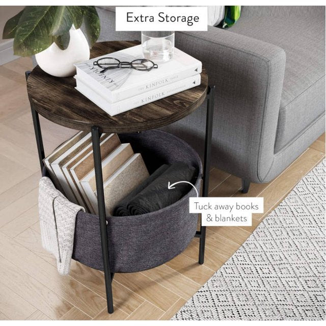 Round Side Table with Fabric Basket,Functional Small Side Table for Living Room, Dorm,Bedroom.