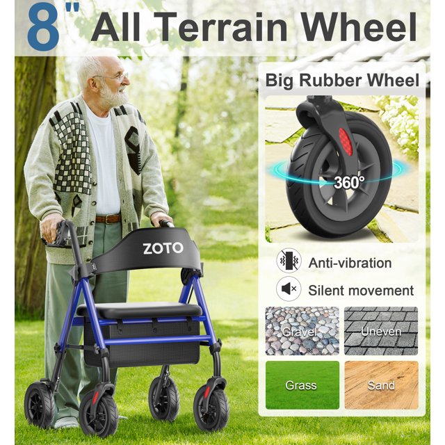 ZOTO Mobility Walker for Seniors, Lightweight Folding Rolling Walker with Seat and Backrest for Seniors and Adult