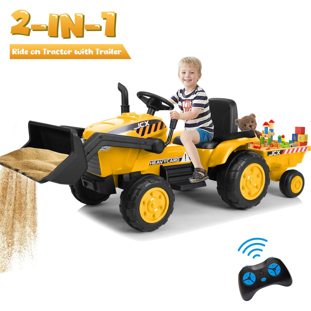 12V 2 in 1 Ride on Tractor Bulldozer Toys for Kids, Battery Powered Ride on Tractor with Remote Control, Trailer, Shovel Bucket, Digging Handle, Remote Control, Bright Headlight, Yellow