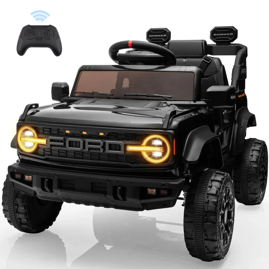 12V Ford Bronco Kids Ride on Cars with Parental Remote, Toddler Electric Ride on Toys Battery Powered with Soft Start, Kids Riding Toys with Headlights/Music/Bluetooth for Boys Girls Aged 3+, Black