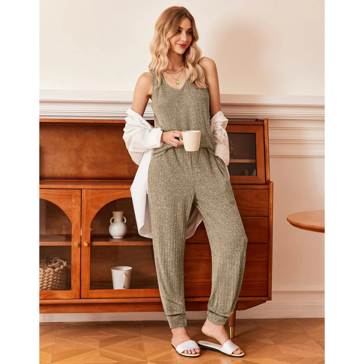 Fantaslook Womens Pajamas Sets V Neck Tank Tops and Long Pants Two Piece Lounge Sets Summer Oufits Loungewear