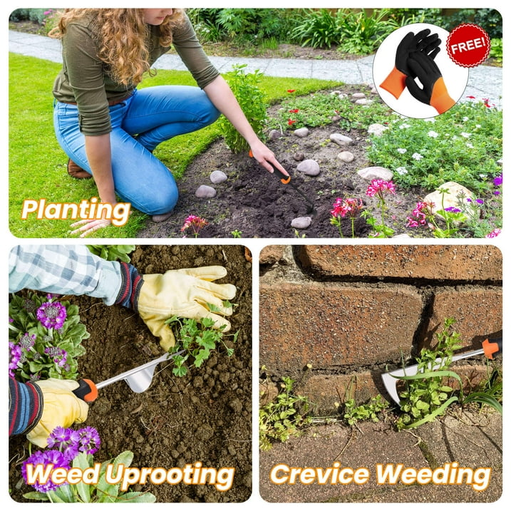 Fixdono Weed Puller Tool with Gloves, Weeder Hand Tool for Garden, Weeding Tool with 4 Claws, Weeder Garden Root Remover Tool for Garden, Gap or Corner Weeding, 3 Pack