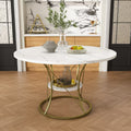 Expandable Round Dining Table – 43 to 59 Inch Marble Veneer Farmhouse Table with Gold Metal Base & Storage Shelf, Seats 4-6 for Kitchen or Dining Room