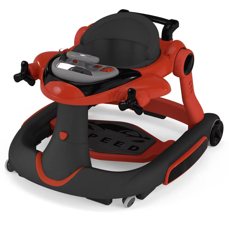 Kinder King 5-in-1 Baby Activity Walker, Convertible Push & Sit-in Walker with Adjustable Height, Foldable, Stable Design, Red