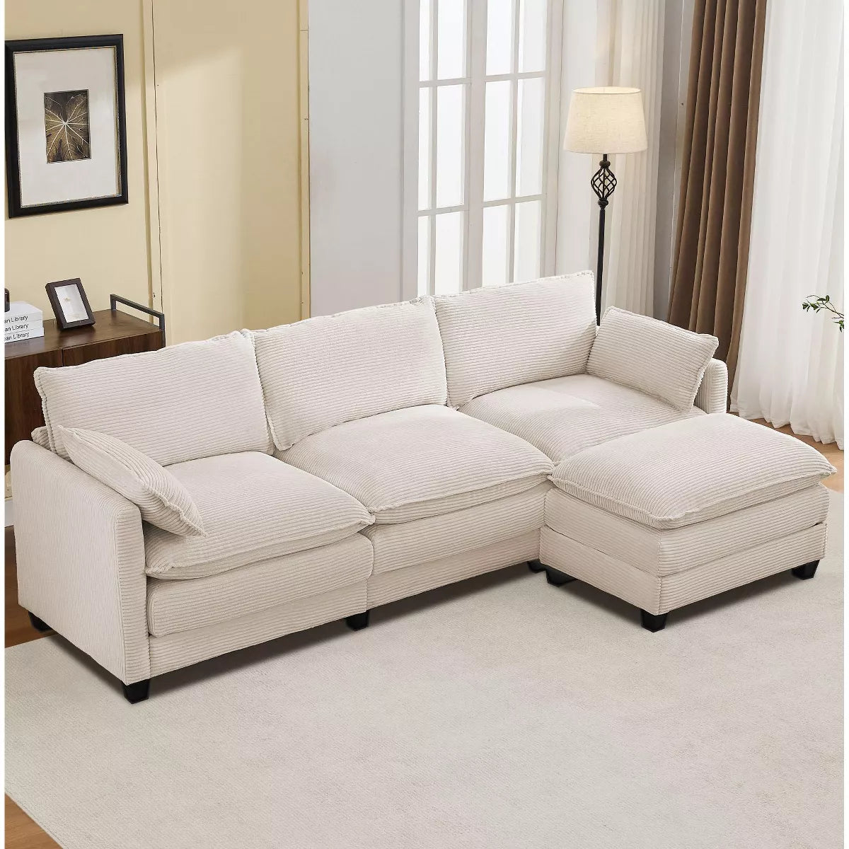 Hyleory Corduroy L-Shaped Sectional Sofa, 3-Seater Couch with Movable Ottoman, Modular Living Room Furniture for Apartments