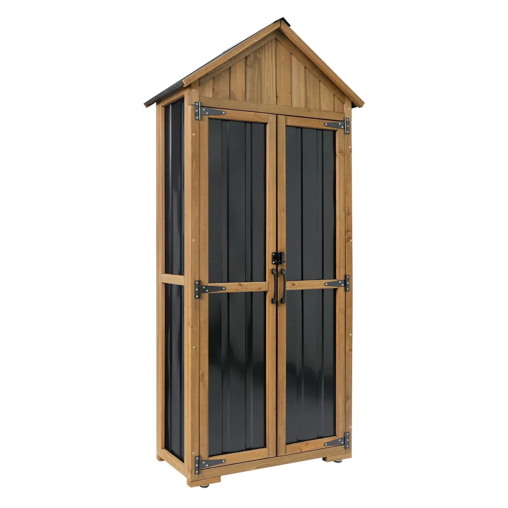 PETSCOSSET Outdoor Storage Cabinet – Weatherproof Wood & Metal Storage Shed with Adjustable Shelf, Lockable Doors, and Stability Features for Garden, Patio, and Backyard