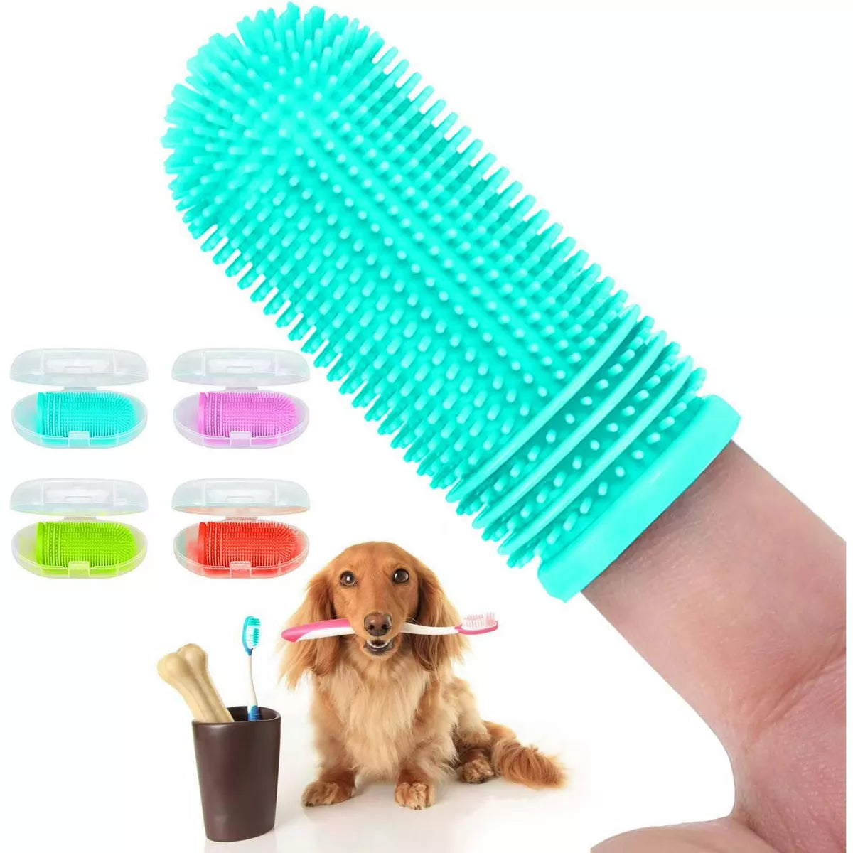 Belatt Dog Finger Toothbrush 4-Pack, Food-Grade Silicone Puppy Toothbrush with Soft Bristles & Storage Case, Reusable Pet Dental Care for Dogs & Cats