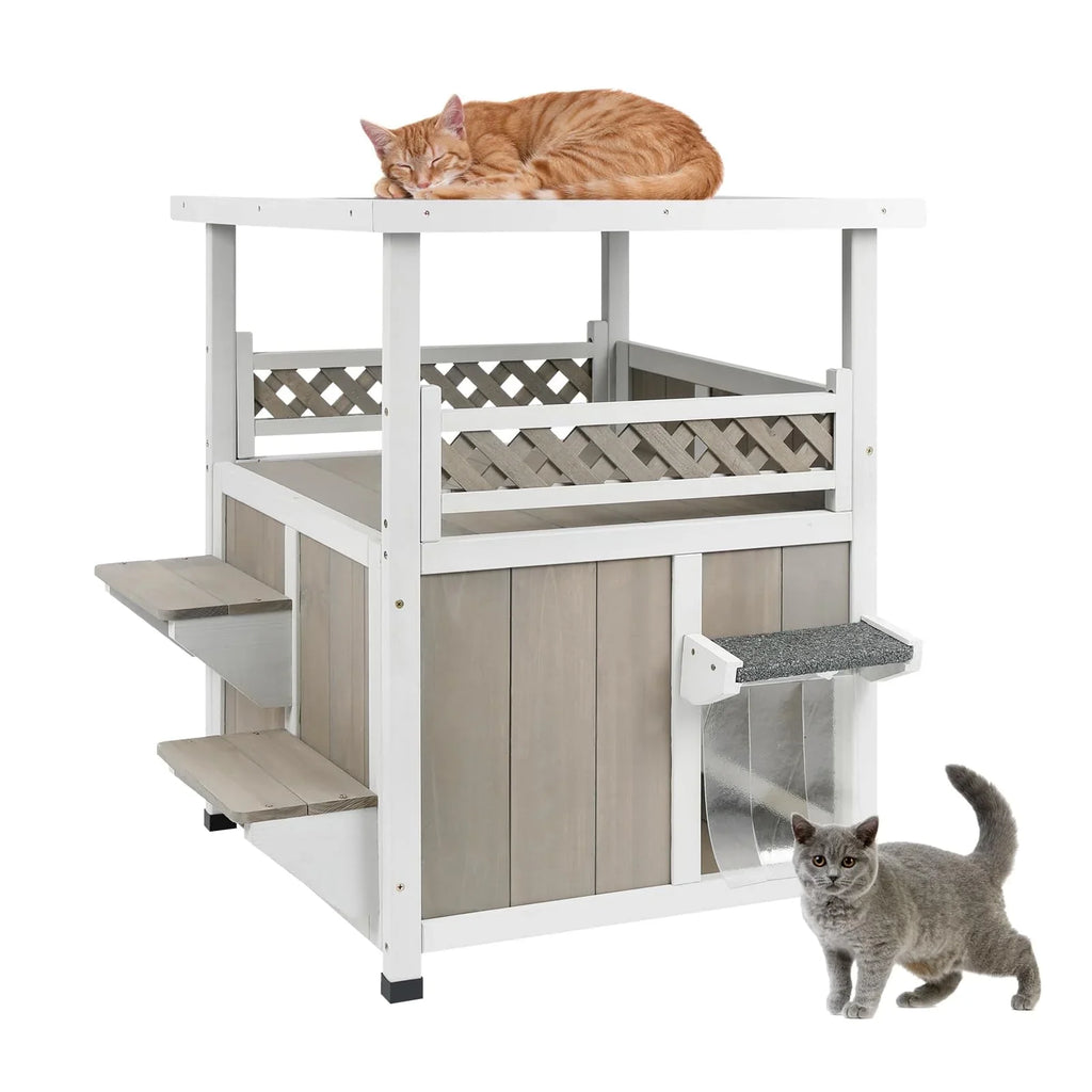 PETSCOSSET Outdoor Cat House 2 Story Wooden Houses for Outside Feral Cats Weatherproof Indoor Cat Condo with Large Balcony 2 Escape Doors to Enhanced Safety, Easy Slide Bottom, Simple Assembly