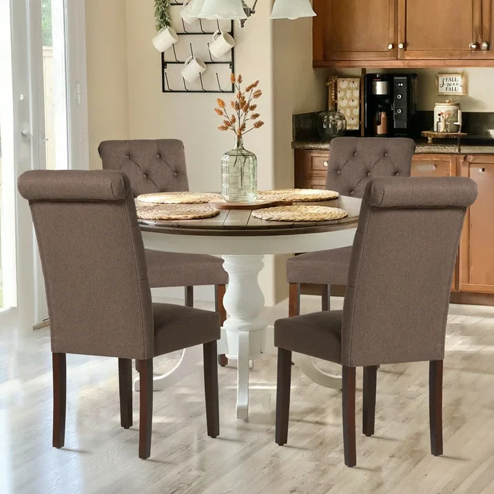 COLAMY Tufted Fabric High Back Dining Chair, Rolled Back Kitchen Chair, Set of 2, Brown