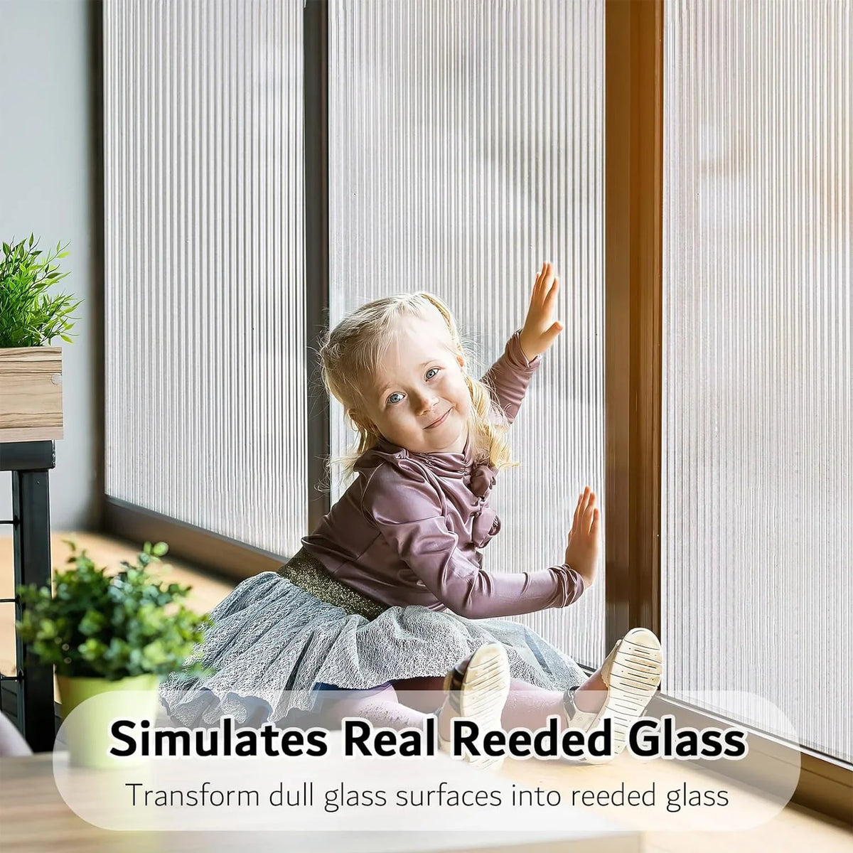 BSHAPPLUS 17.7"x78.7"Reeded Glass Window Privacy Film,Fluted Glass Window Film,Frosted Window Sticker,3D Window Decals Non Adhesive for Bathroom Living Room Office