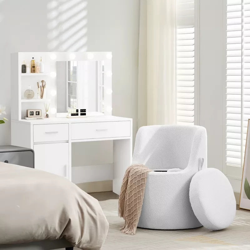 HYLEORY Makeup Ottoman with Storage, Upholstered Vanity Stool with Foldable Backrest Modern Cylindrical Footrest Stool for Living Room Bedroom