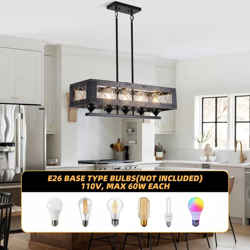HBEZON 31.5  Pendant Light, 5 Light Height Adjustable Industrial Metal Chandelier for Kitchen Island, Dining Room, Foyer
