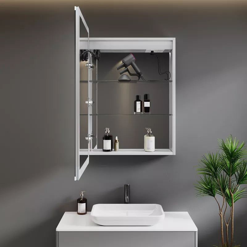HBEZON LED Medicine Cabinet with Lights and Mirrors, Recess/Wall Mount Bathroom Cabinet, 3 Mode Lights, Dimmable, Anti Fog, Time Temp Display, Silver