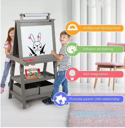 Kinder King 3 in 1 Kids Art Easel w/Storage Double-Sided Magnetic Whiteboard & Chalkboard Dry-Erase Board w/Paper Roller