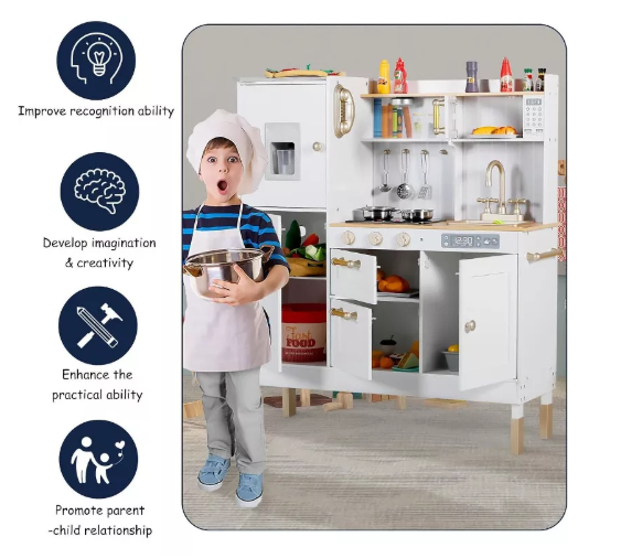 Kinder King Wooden Kids Play Kitchen, Toy Kitchen Playset for Toddler, Realistic Kitchen Sets w/Lights & Sounds, Gift for Boys Girls Age 3+, Gold