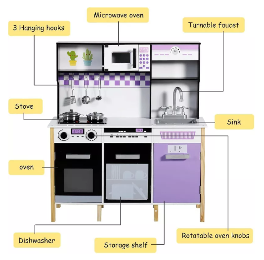 Kinder King Wooden Kids Play Kitchen, Toy Kitchen Playset for Toddler, Realistic Kitchen Set w/Lights & Sounds, Gift for Boys Girls Age 3+, Purple