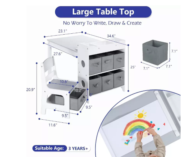 Kinder King Kids Table and Chair Set with Storage, Toddler Activity Table, 393.8*17.8 Inch Paper Roll