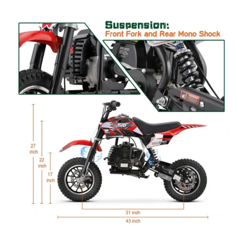 Hoverheart Gas Dirt Bike, 50cc 4 Stroke Gas Powered Kids Off Road Motorcycle (Model DB4S004) with Off Road Tire, Suspensions, Disc Brakes, Max Load 165Lbs, Up to 25Mph, NO OIL MIX REQUIRED