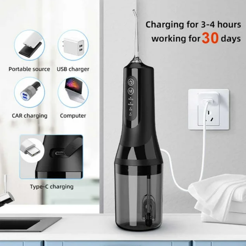 FETERVIC Water Dental Flosser for Teeth  Cordless Oral Irrigator, 8 Jet Tips, 4 Modes, 360  Nozzle, 260ML Rechargeable, IPX7 Waterproof for Home  Travel（Black）