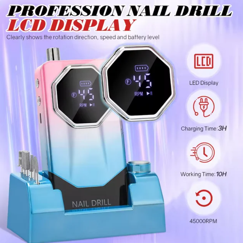 FETERVIC Professional Nail Drill Kit 45000 RPM, Rechargeable Electric Nail File , Cordless E File Machine with LCD Display  24 Drill Bits for Acrylic, Gel Nails  Cuticle Care
