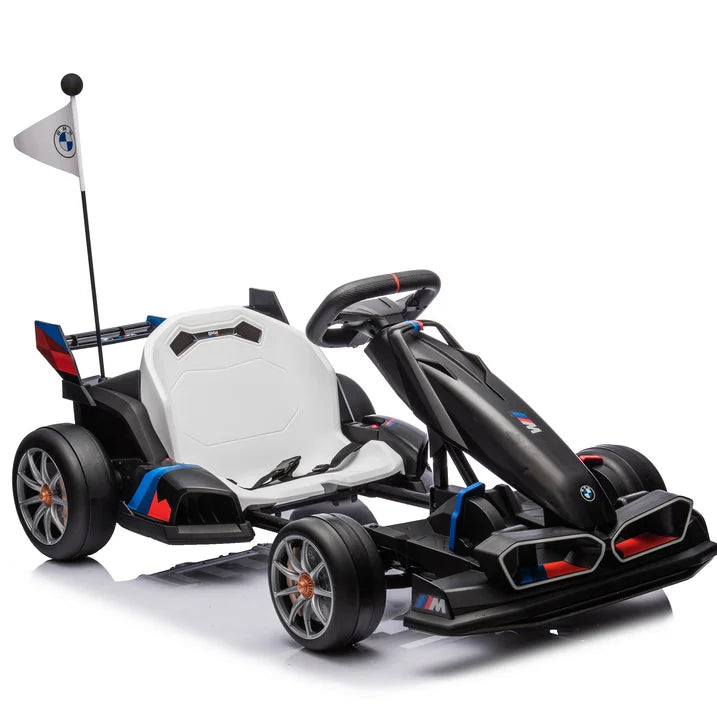 24V Electric Go Kart for Kids, BMW Battery Powered Drift Racing Go Kart, with 400W Powerful Motor, Kids Race Pedal Go Karting Car With 3 Levels Adjustable Seat, Rear Wheel Drive Ride on Car, White