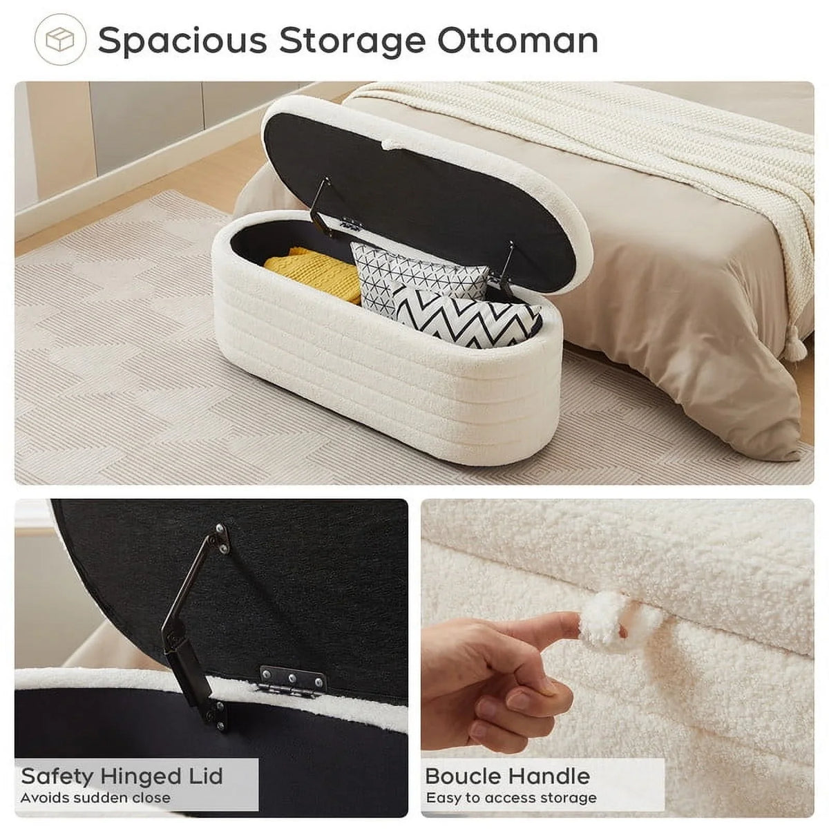 Othniel 45x16.5 Inch White Teddy Storage Ottoman Bench,Oval Footrest with Anti-Slip Legs