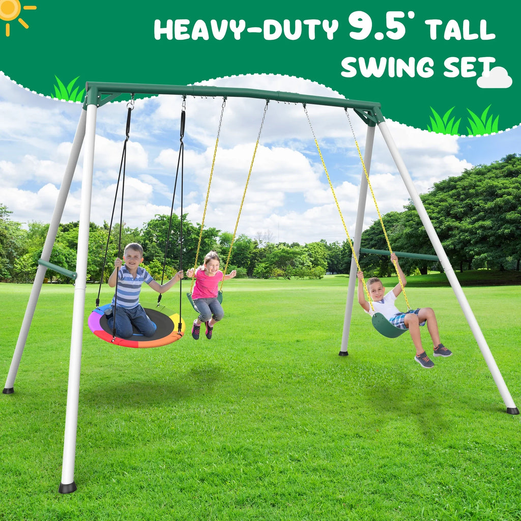 KloKick 9.5  Heavy Duty Swing Set for Kids  Adults  Includes Saucer Swing  2 Belt Swings, Outdoor Playground Equipment for Backyard Fun