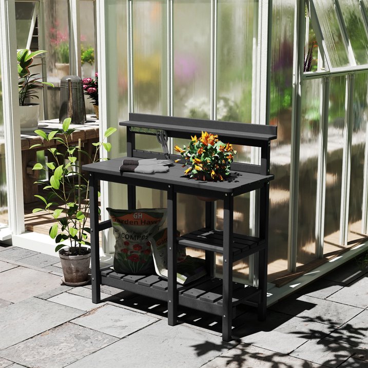 Potting Bench Outdoor Potting Table with Sink, HDPE Potting Benches for Outside Gardening Table All Weather Use, Gray