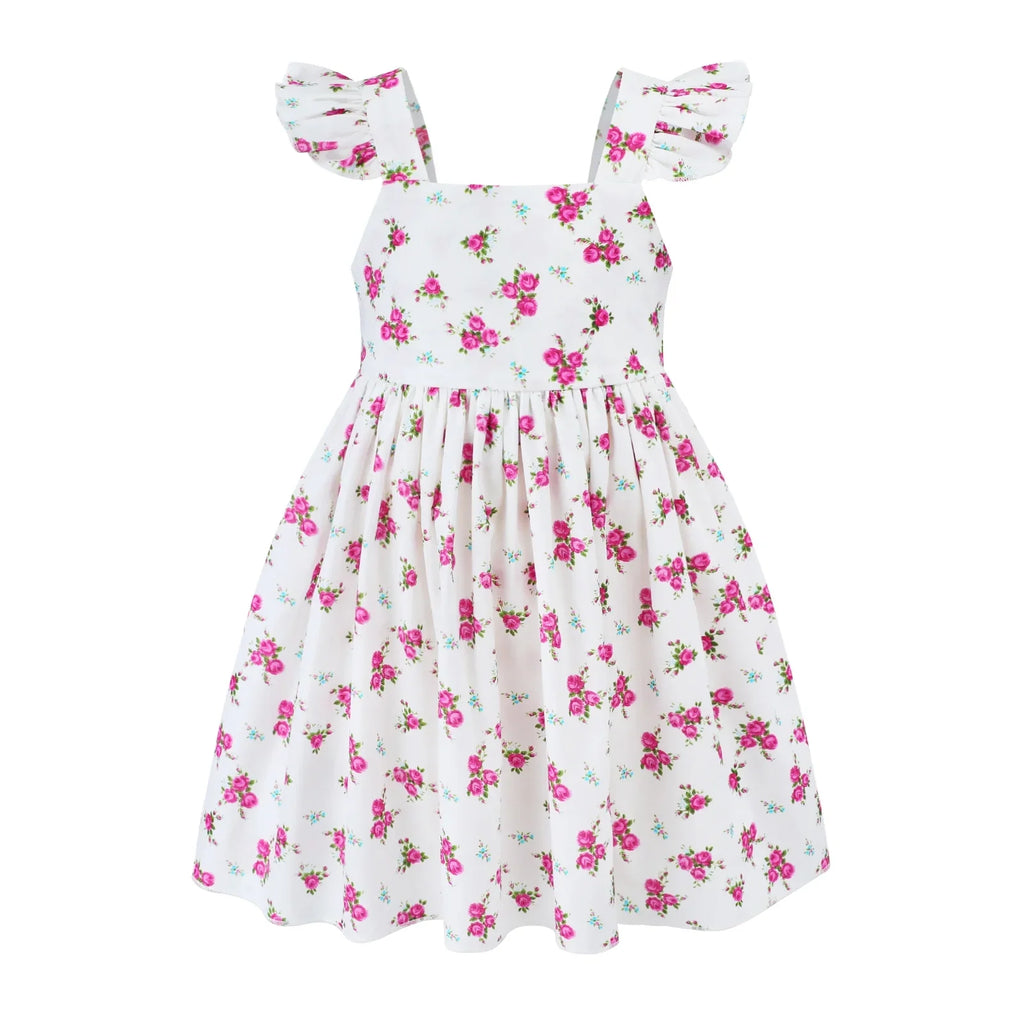 HILEELANG Toddler Flower Girl Spring Easter Pink Rose Floral Ruffled Sleeves White Backless Tie Back Knot Summer Beach Sundress 2T