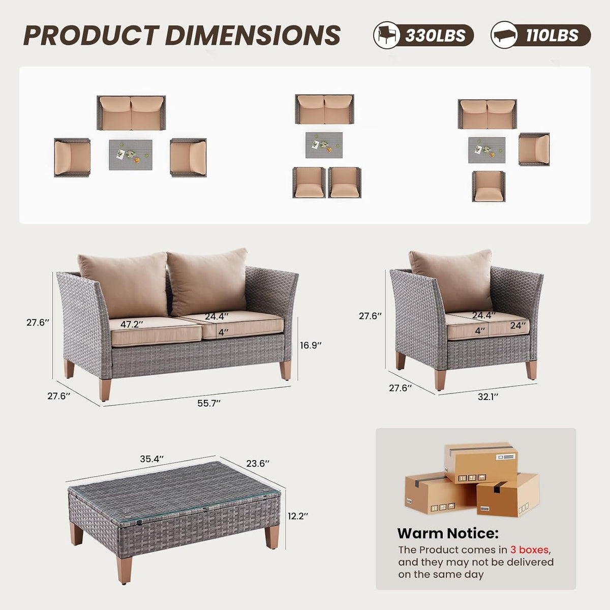 Farini Outdoor Wicker conversation sets, 4 Pieces Patio Furniture Sofa Set with Coffee Table, All Weather for Garden, Backyard, Balcony (Dark Gray)