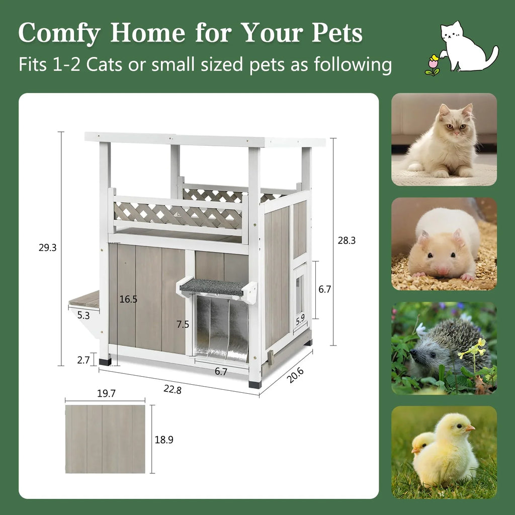 PETSCOSSET Outdoor Cat House 2 Story Wooden Houses for Outside Feral Cats Weatherproof Indoor Cat Condo with Large Balcony 2 Escape Doors to Enhanced Safety, Easy Slide Bottom, Simple Assembly