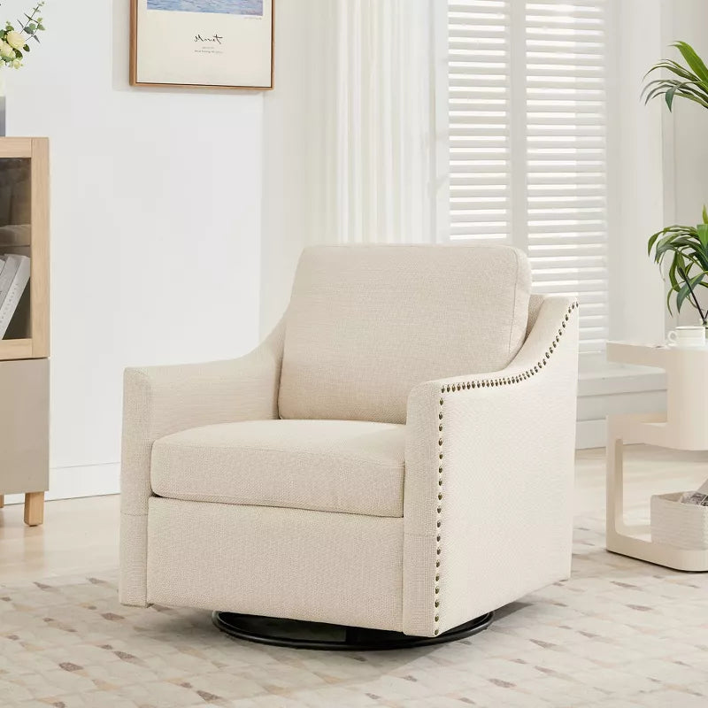 Hyleory Linen Swivel Accent Chair with Studded Trim, Comfortable Upholstery and Smooth 360° Rotation