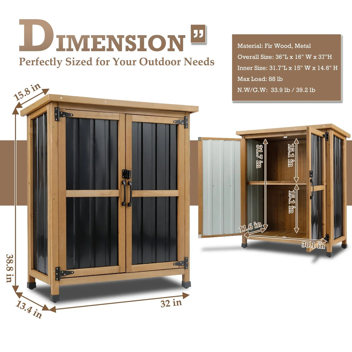 PETSCOSSET Outdoor Storage Cabinet Wood & Metal Small Storage Shed Waterproof Roof, Double Lockable Doors Garden Shed with Removable Shelves for Patio, Garden