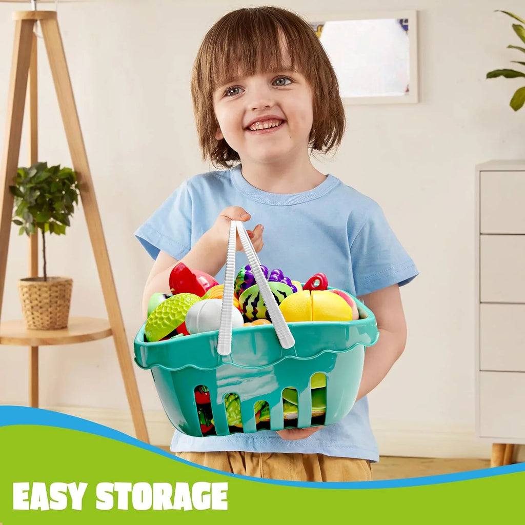 BeePrincess 30pcs Cutting Play Food Set Toy for Kids Kitchen, Pretend Food Toy for Toddlers Age 1-3, BPA-Free Cutting Play Fake Food/Vegetable/Fruits Play Kitchen Toys Accessories with Storage Basket