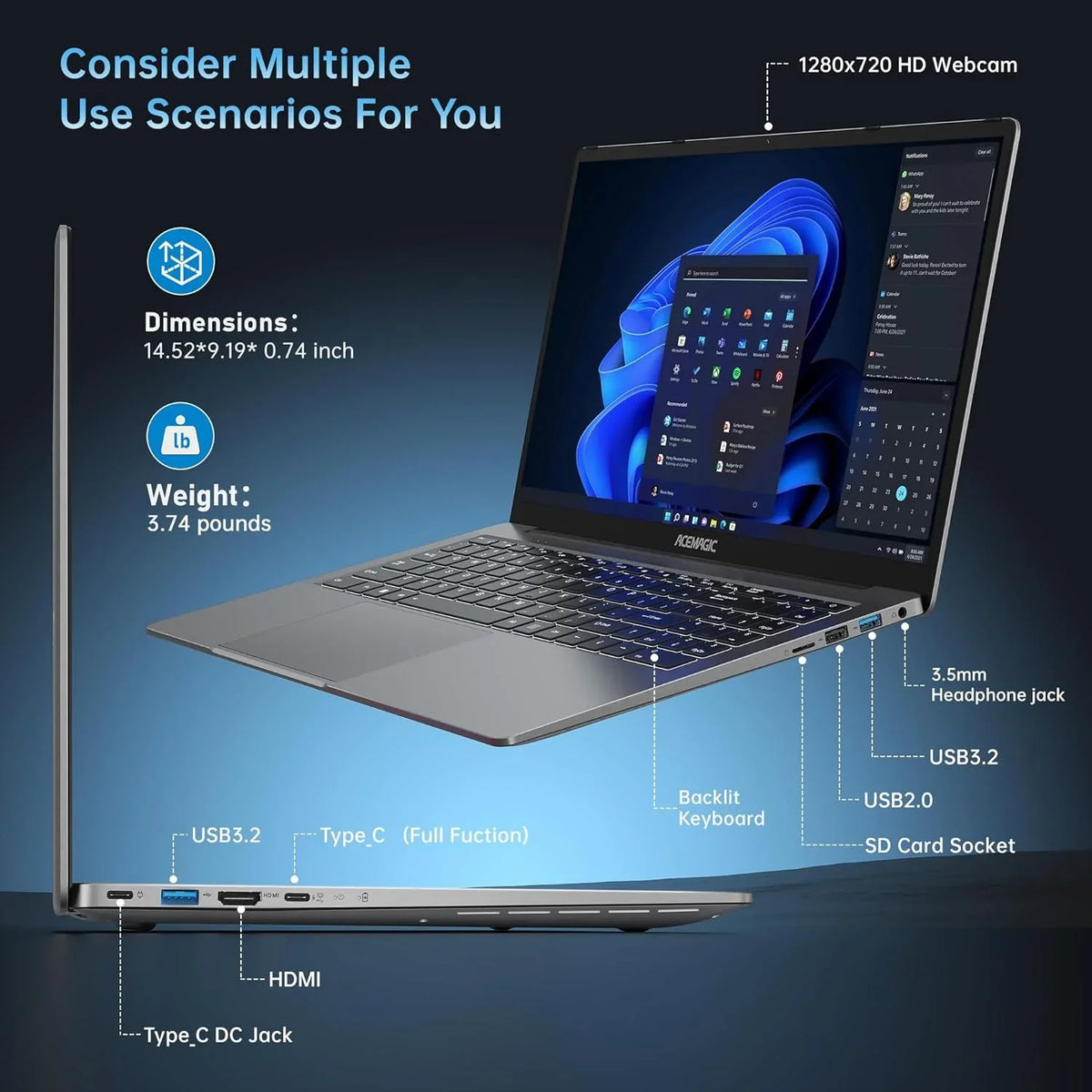 Laptop 15.6 FHD Gaming Laptop, AMD Ryzen 7 7730U, 16GB RAM, 512GB SSD, Windows 11, Graphite, WiFi 6, Backlit KB, Gray