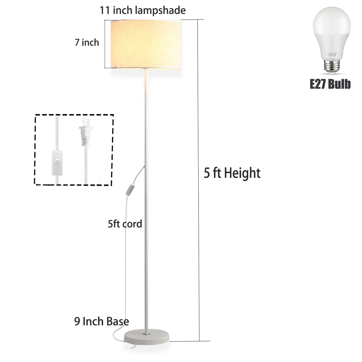 Susuzi 60 inch White Floor Lamp for Bedroom Living Room, Traditional Dimmable Standing Lamps - Bulb Included