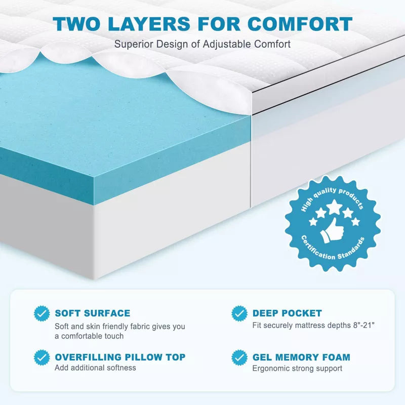 HYLEORY Dual Layer 4 Inch Memory Foam Mattress Topper, 2 Inch Gel Memory Foam and 2 Inch Cooling Pillow